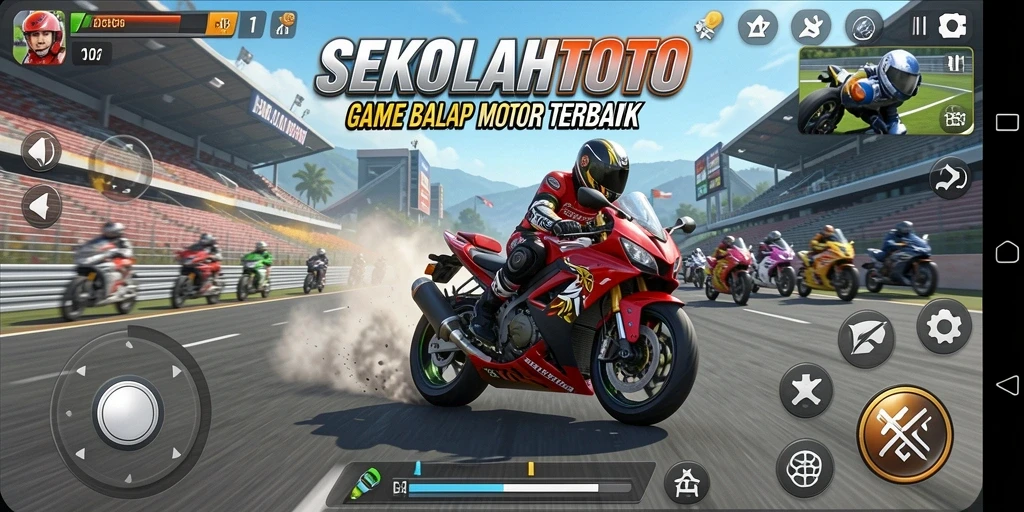 Tampilan gameplay SEKOLAHTOTO dengan aksi balap motor yang mendebarkan.