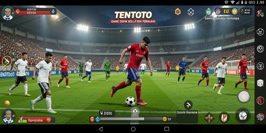 Screenshot gameplay TENTOTO menampilkan aksi pertarungan sepak bola yang mendebarkan.